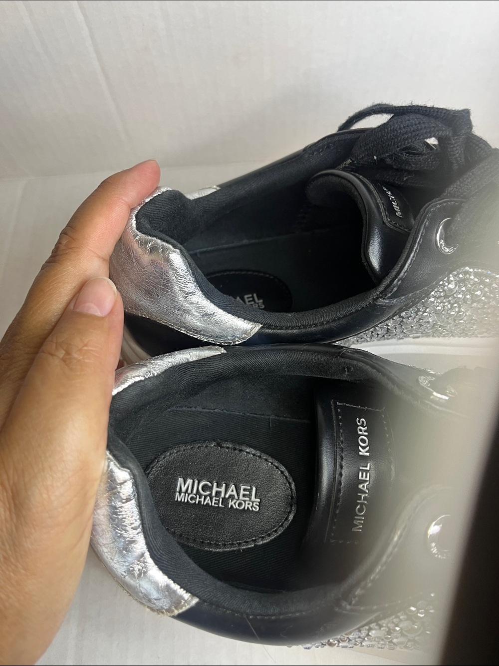 Michael Kors Black and Silver Crystal-Embellished Platform Sneakers - Picture 3 of 13